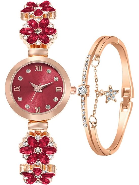 Accessories - Women's Red Bracelet Fashion Item Waterproof Quartz Flower Shaped Wrist Watch